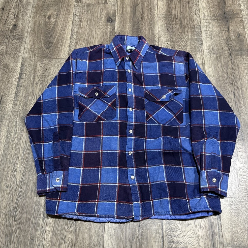 Vintage Fieldmaster Jacket Mens Large Blue Plaid Quilted Flannel Lined Workwear
